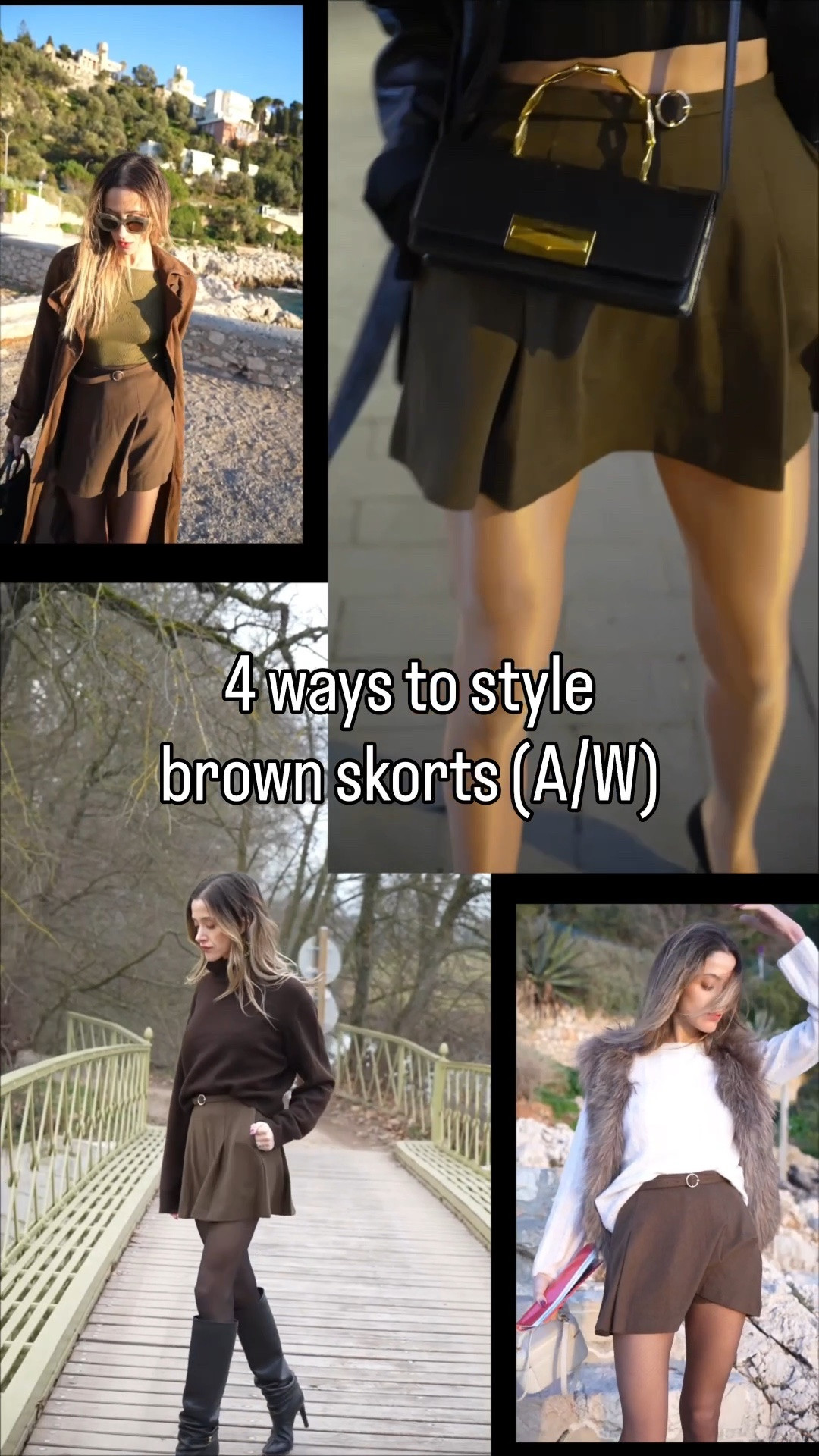 Brown skort, but make it winter. 4 ways to style it—from day knit + knee-high boots to night leather + heels. Easy layering, luxe accessories, and a flattering high waist.

brown skort, chocolate brown outfit, fall layering, knit sweater, leather jacket, faux fur vest, sheer tights, knee-high boots, black pumps, date night look, chic street style, French Riviera

#LTKSeasonal 
#BrownOutfit #SkortStyle #wintercapsule

#LTKstyletip #LTKwinter #LTKeurope
