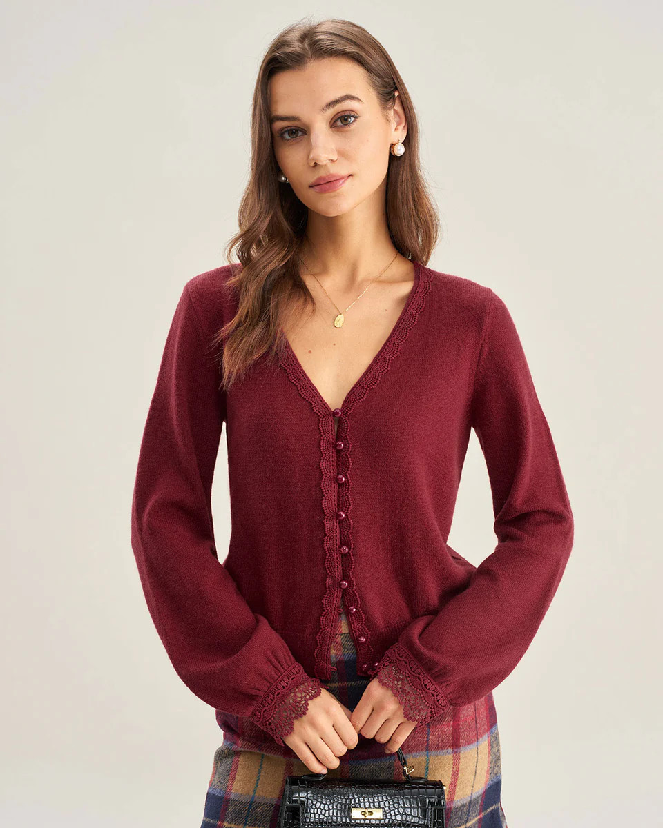 Red V Neck Lace Trim Knit Cardigan | rihoas.com