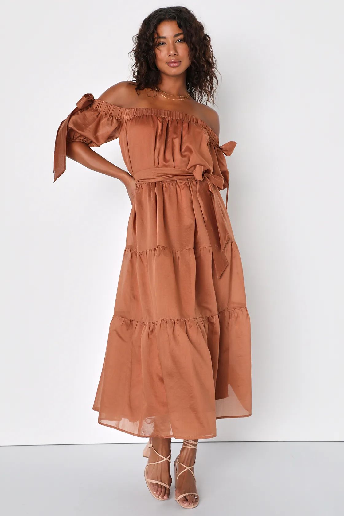 Charming Adoration Brown Tiered Off-the-Shoulder Midi Dress | Lulus (US)