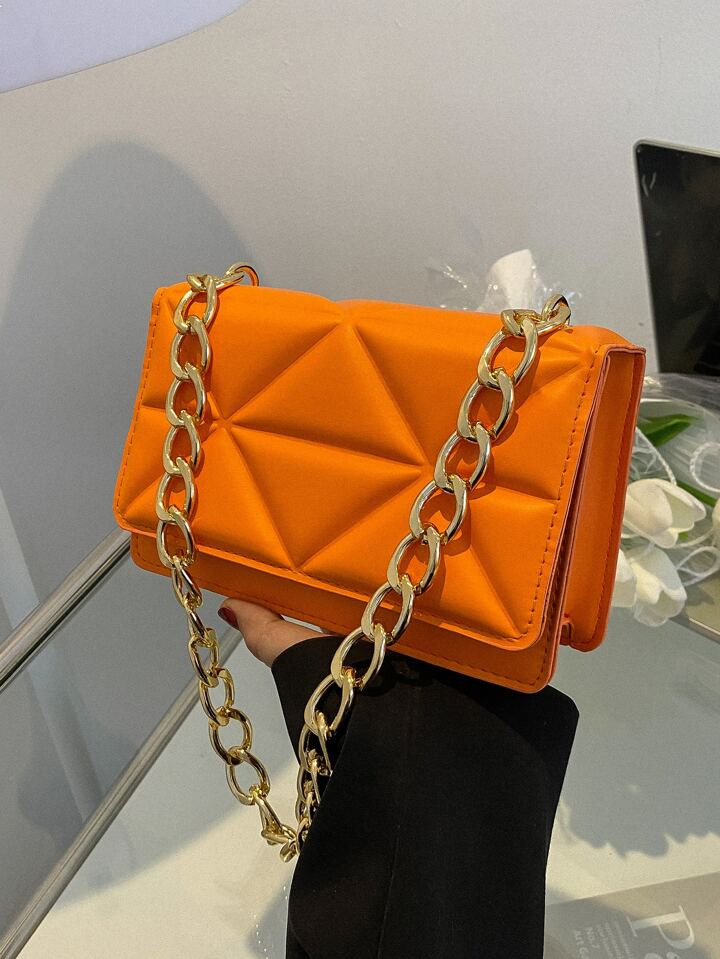 Mini Neon Orange Geometric Embossed Chain Flap Square Bag | SHEIN