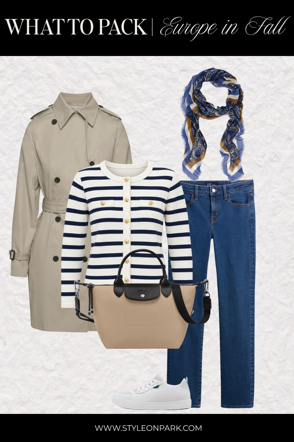 What to Pack | What to Wear This Fall:  trench coat, striped cardigan, straight-leg denim in a mid-wash, waterproof sneaker for unpredictable weather, tote, and scarf 

 #LTKootd #LTKWorkwear #LTKTravel