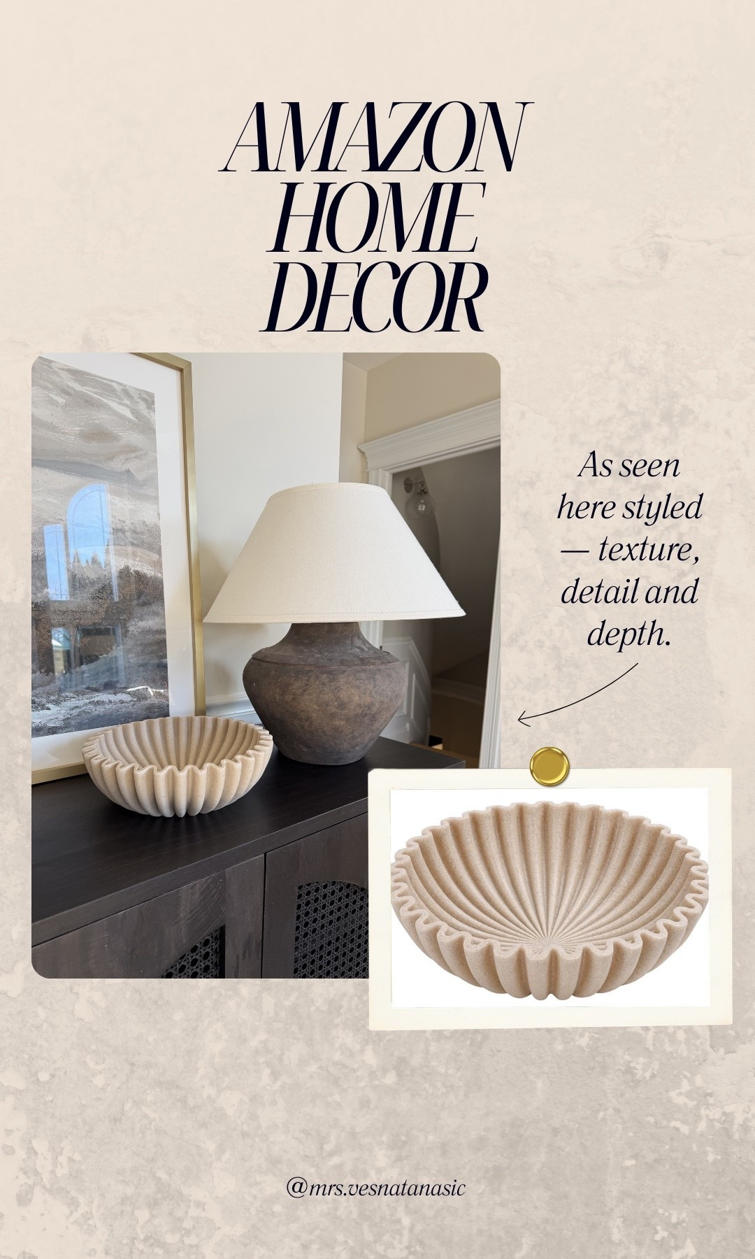 One of my favorite Amazon home decor finds 🤎 This sculptural bowl instantly adds texture and warmth to shelves, consoles, or coffee tables. I love how the organic shape and neutral tone make it easy to style with lamps, artwork, and layered decor for that collected, elevated look. Linking this piece along with the other decor seen here. 

#LTKHome #LTKSpringSale #LTKSaleAlert
