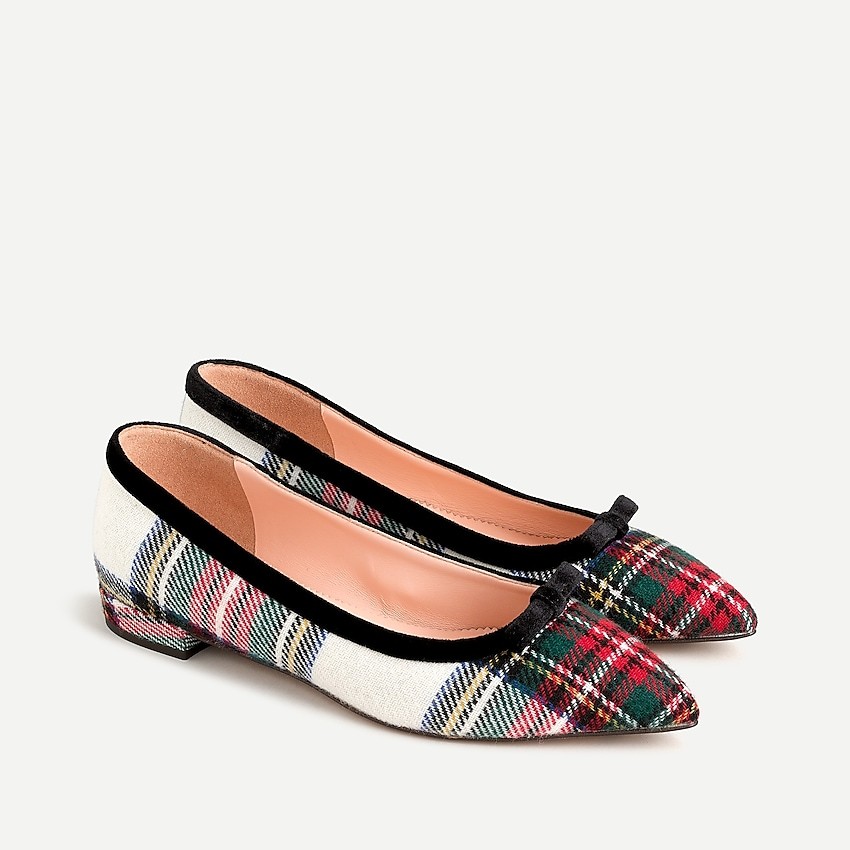 Pointed-toe bow flats in snowy Stewart tartan | J. Crew US