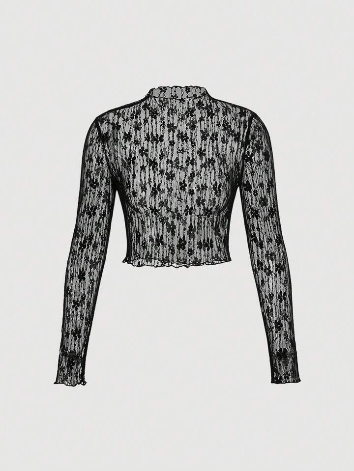 SHEIN MOD Mock Neck Lace Crop Top Without Tube Top | SHEIN