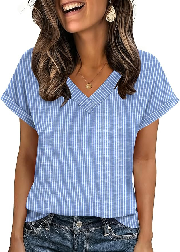 Zeagoo Womens Summer Tops Rolled Short Sleeve V Neck Shirts Casual Dressy Business Work Blouses O... | Amazon (US)