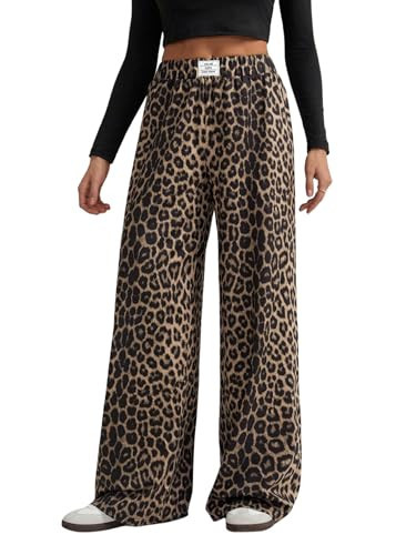 GORGLITTER Women's Leopard Pants Cheetah Print Wide Leg Elastic High Waisted Baggy Sweatpants Brown Large | Amazon (US)