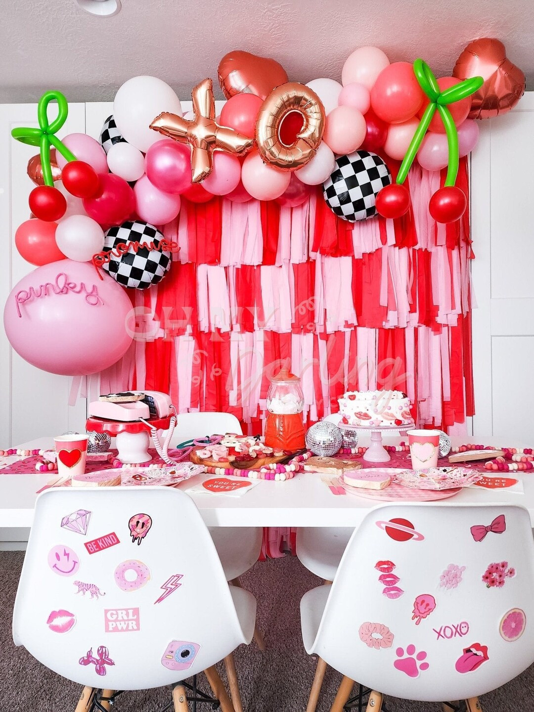 Cherry Party Backdrop Birthday Party Decor Check Pattern Red and Pink Color for Retro Party Decor... | Etsy (US)