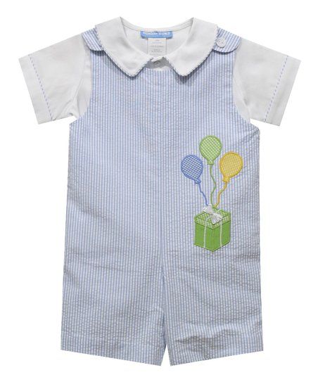 Blue Seersucker Birthday Appliqué Shortalls & White Collared Top - Infant & Toddler | Zulily
