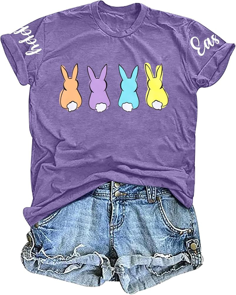 VILOVE Easter Shirt Women Cute Bunny Graphic Tee Happy Easter Letter Printed Tshirts Casual Short... | Amazon (US)