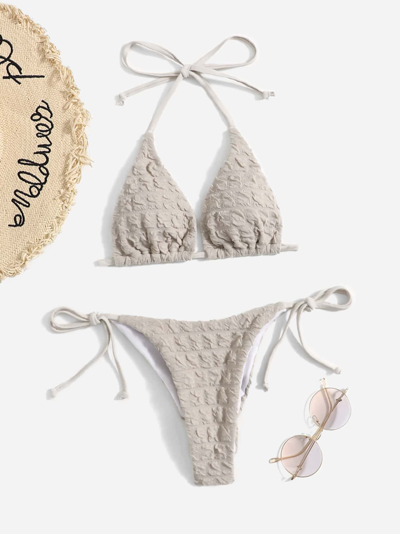 Plain Halter Triangle Tie Side Bikini Swimsuit | SHEIN