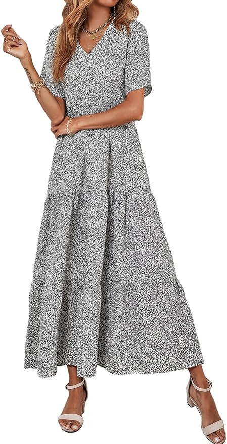 CFLONGE Women's Summer 2023 Casual Bobo Maxi Dress Floral Print V Neck Short Sleeve High Waist Fl... | Amazon (US)