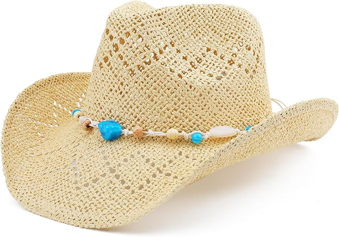 Straw Cowboy Hat for Women Men Sun Beach Western Cowgirl Hat | Amazon (US)
