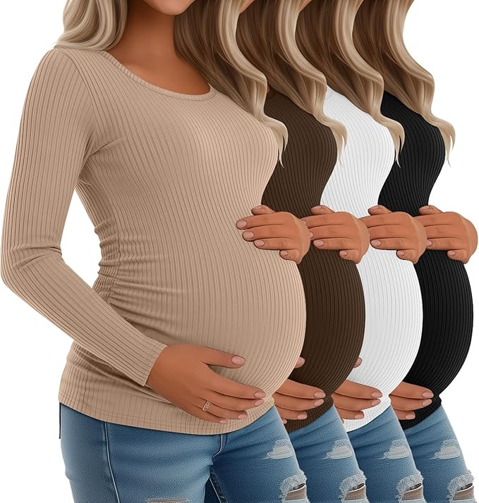 Riyiper 4 Pack Women's Maternity Shirts, Long Sleeve Cotton Ribbed Pregnancy Tee Top Crewneck Sid... | Amazon (US)