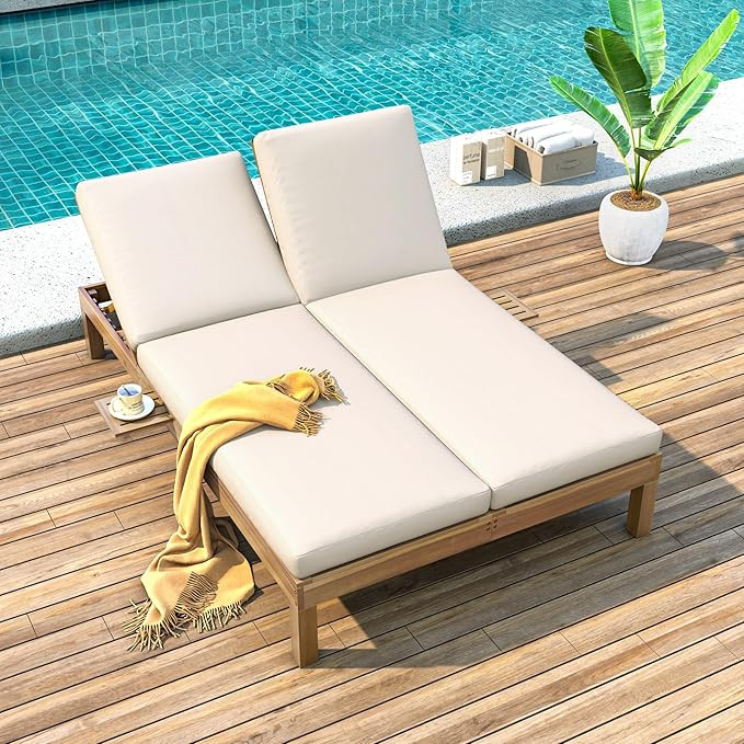 Outdoor Double Chaise Lounge with 5-Position Adjustable Backrest, Cushion and Folding Side Trays,... | Amazon (US)