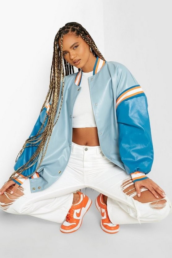 Oversized Faux Leather Varsity Jacket | Boohoo.com (US & CA)