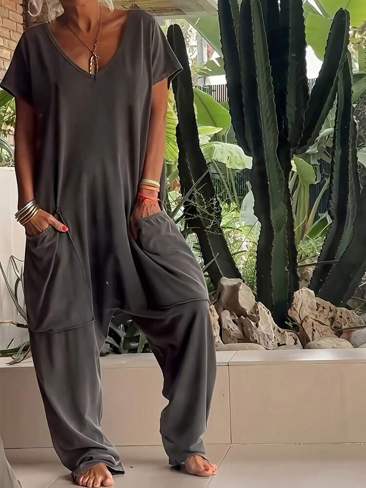 Women's Casual Solid Color V-Neck Pocket Short Sleeve Jumpsuits Summer Elegant | SHEIN