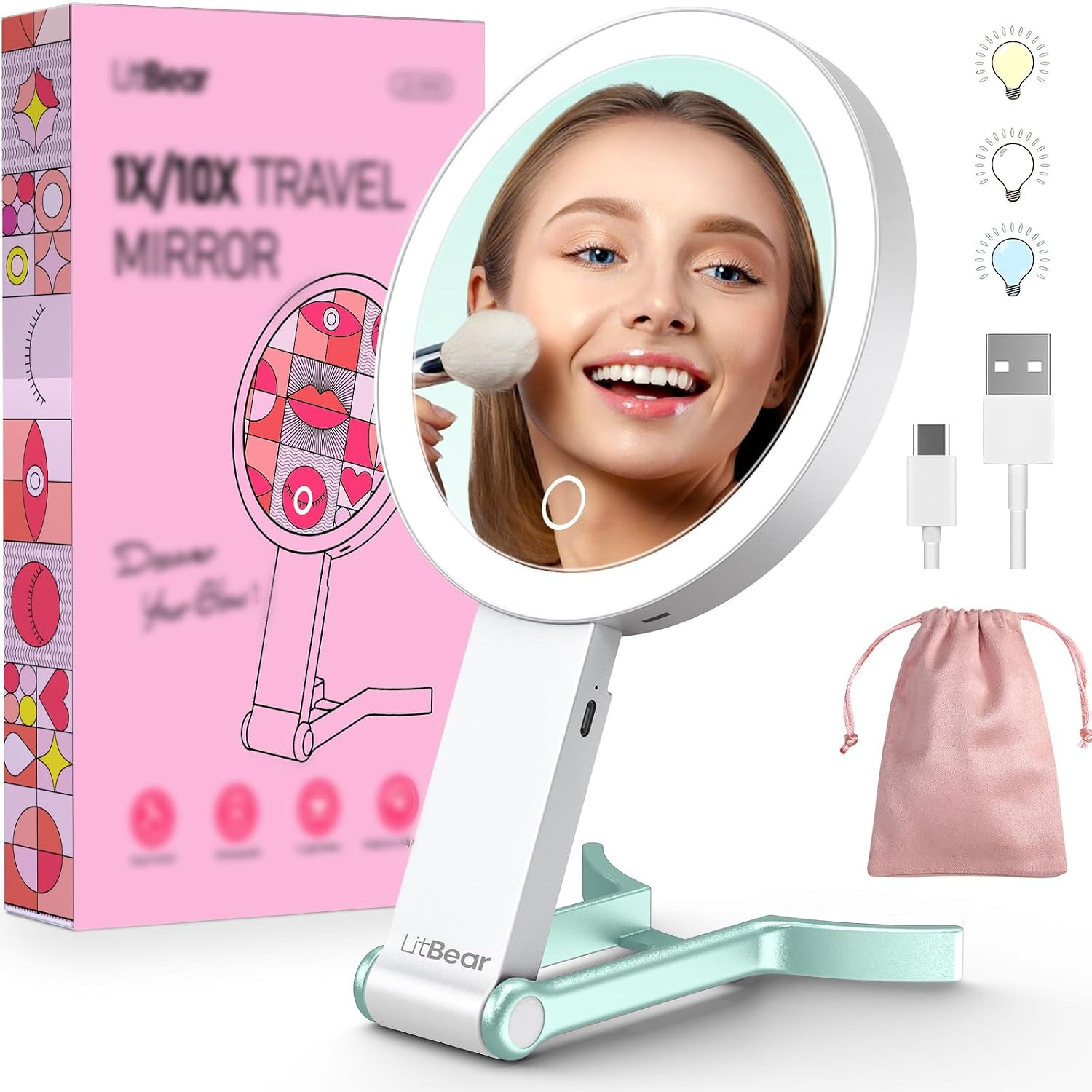 LitBear Travel Makeup Mirror with Light, Rechargeable Double-Sided 10X/1X Magnifying Mirror, Portable Lighted Beauty Mirror, 3 Color Lighting, Dimmable Touch Screen, Tabletop Handhold Hanging (Green) | Amazon (US)