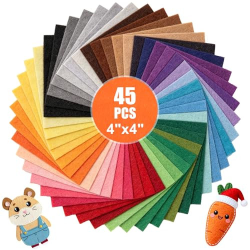 45 Pcs Assorted Felt Sheets Felt Fabric 4"x4" Stiff Felts Craft Squares for DIY Sewing, Patchwork, Decorative Projects 1 mm Thick | Amazon (US)
