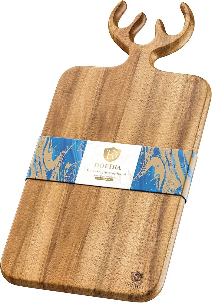 Dofira Acacia Wood Cheese Charcuterie Board with Antler Handle, 16.3x7.7in Wooden Cutting Serving... | Amazon (US)