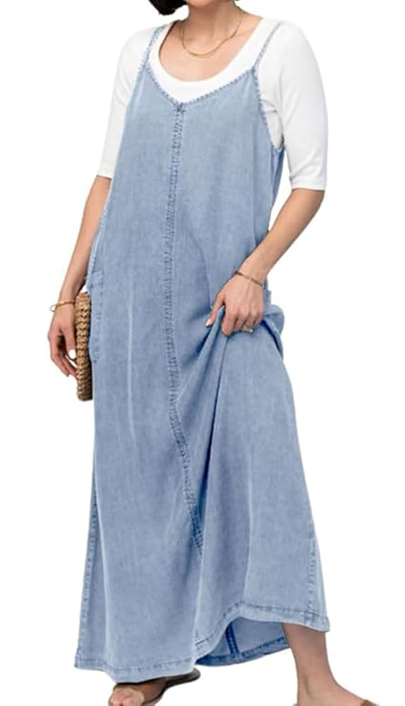 loveimgs Women Vintage Spaghetti Strap Denim Maxi Dress Long Jean Overall Dress Flowy Boho Sundre... | Amazon (US)