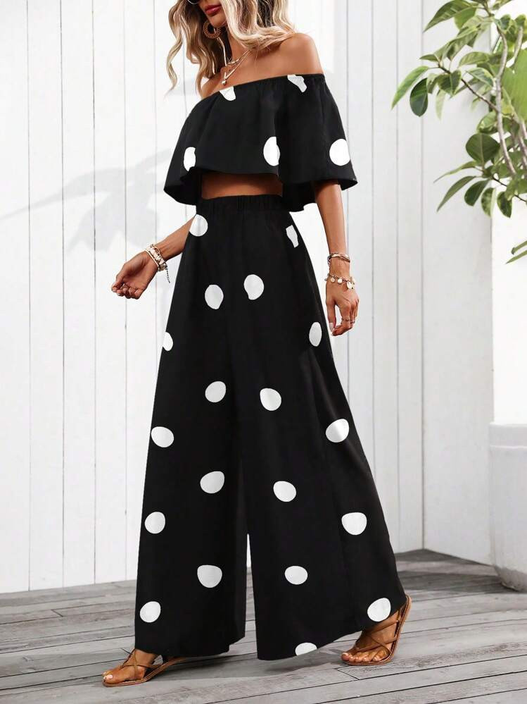SHEIN Clasi Women's Vacation Polka Dot Print Off-Shoulder Cropped Top And Wide Leg Pants Loose Casual 2pcs Set (Random Pattern Cutting) | SHEIN