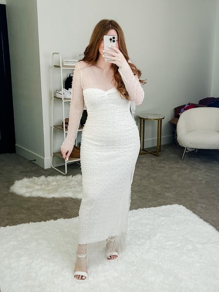The perfect combo for any bride!! I’m obsessed with this pearl mesh coverup! Wearing size large. Maxi dress size medium with shapewear. Bride outfit. Bridal dress. 

#LTKstyletip #LTKwedding #LTKSeasonal