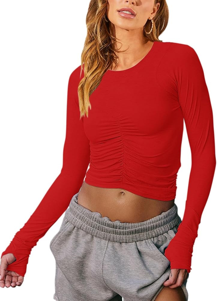 Vivitulip Women’s Long Sleeve Shirts Basic Fall Ruched Slim Fitted Crop Tops Tight Athletic Blo... | Amazon (US)