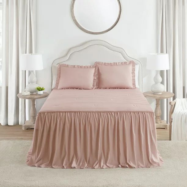 My Texas House Angelina Soft Wash Ruffle Bedspread Set, Queen, Rose Smoke | Walmart (US)