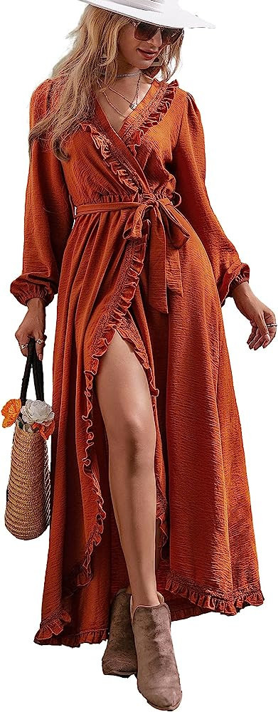 Women's Boho V Neck Burnt Orange Dress Orange Maxi Dress Wrap Dress Ruffle Dress Amazon | Amazon (US)