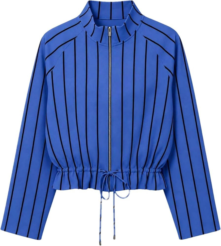 Womens Stripe Bomber Jacket Funnel Stand Collar Cropped Autumn Coat | Amazon (US)