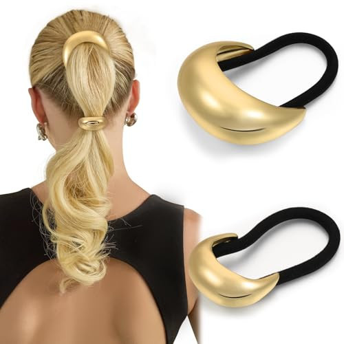 2PCS Gold Hair Ties, Gold Hair Accessories for Women, Metal Hair Ties for Think Hair, Elegant and Durable Geometric Design, Gold Ponytail Cuffs Stretchy Non-Damage | Amazon (US)
