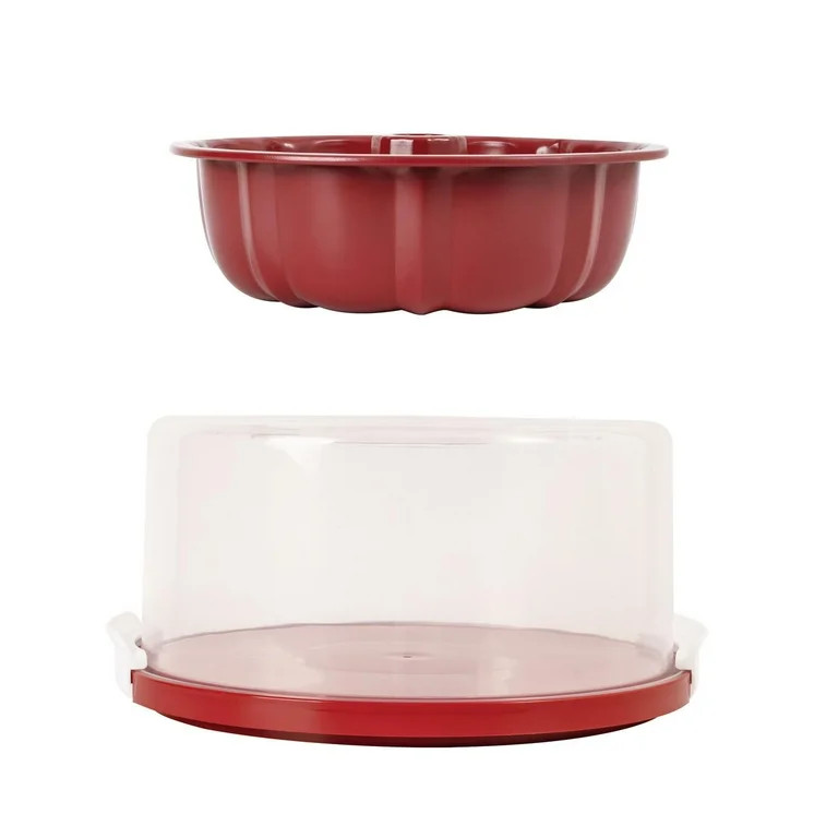 Holiday Time 10-inch Non-Stick Fluted Cake Pan with Carrier, with Handle, Red - Walmart.com | Walmart (US)