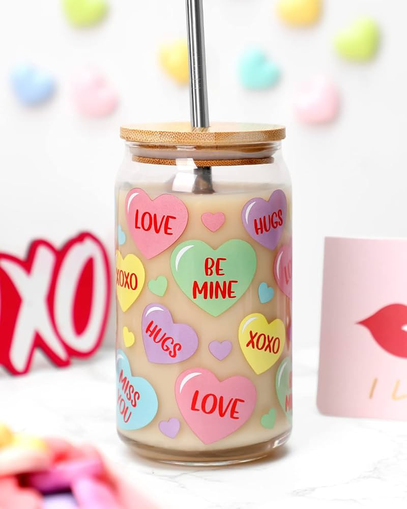 Valentine's Day Iced Coffee Cups Candy Hearts Cup Beer Can Glass Mason Jar with Lid Metal Straw 1... | Amazon (US)