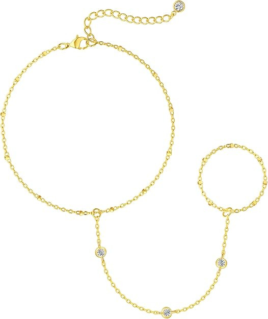 Bracelets for Women,14K Gold/Silver Plated Dainty Hand Chain Bracelets Trendy Ring Bracelet Charm... | Amazon (US)