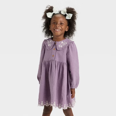 Toddler Girls' Long Sleeve Embroidered Woven Dress - Cat & Jack™ Plum Purple 4T | Target