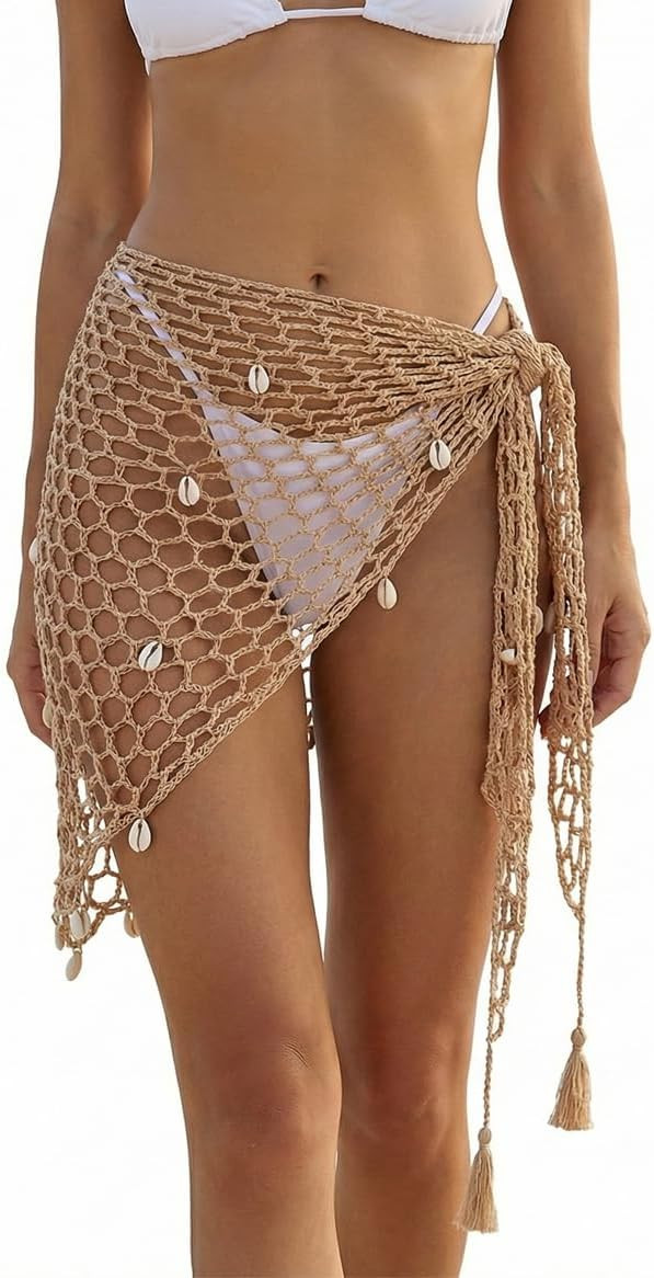 Women Crochet Cover-Up Skirt Triangle Shawl Mermaid Skirt, Hollow Out Fishnet Shell Swimwear Biki... | Amazon (US)