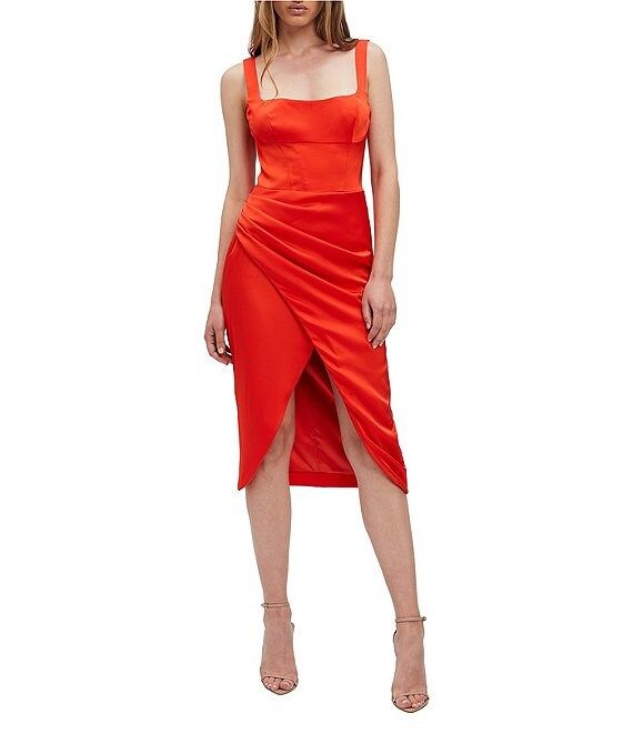 Lucille Square Neck Sleeveless Pleated Faux Wrap Midi Dress | Dillard's