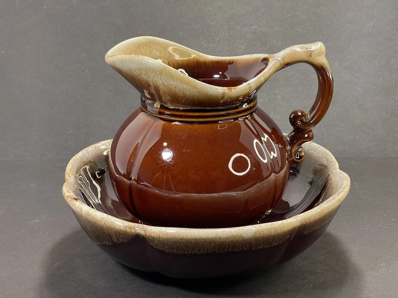 Vintage McCoy Brown Drip Ware Glaze Pottery Pitcher Wash Bowl Set 7528 USA | eBay US