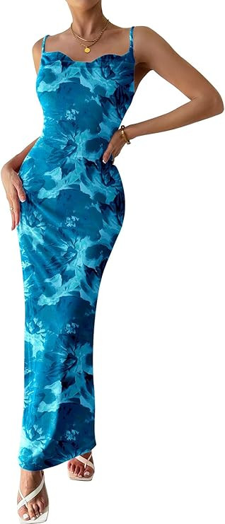 PRETTYGARDEN Women's 2024 Summer Floral Spaghetti Strap Maxi Dress Stretch Sexy Bodycon Dress Bac... | Amazon (US)