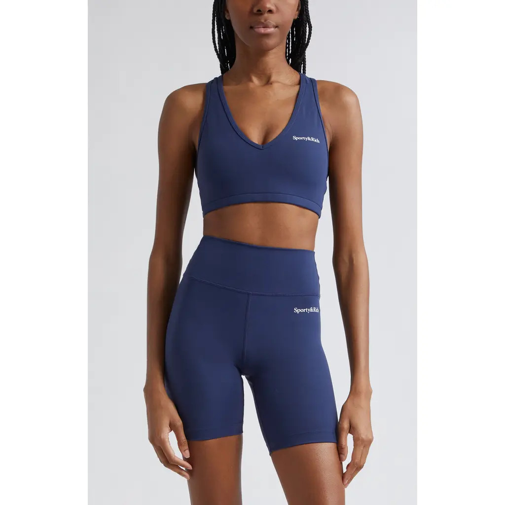Sporty & Rich Logo Sports Bra in Navy at Nordstrom, Size X-Large | Nordstrom