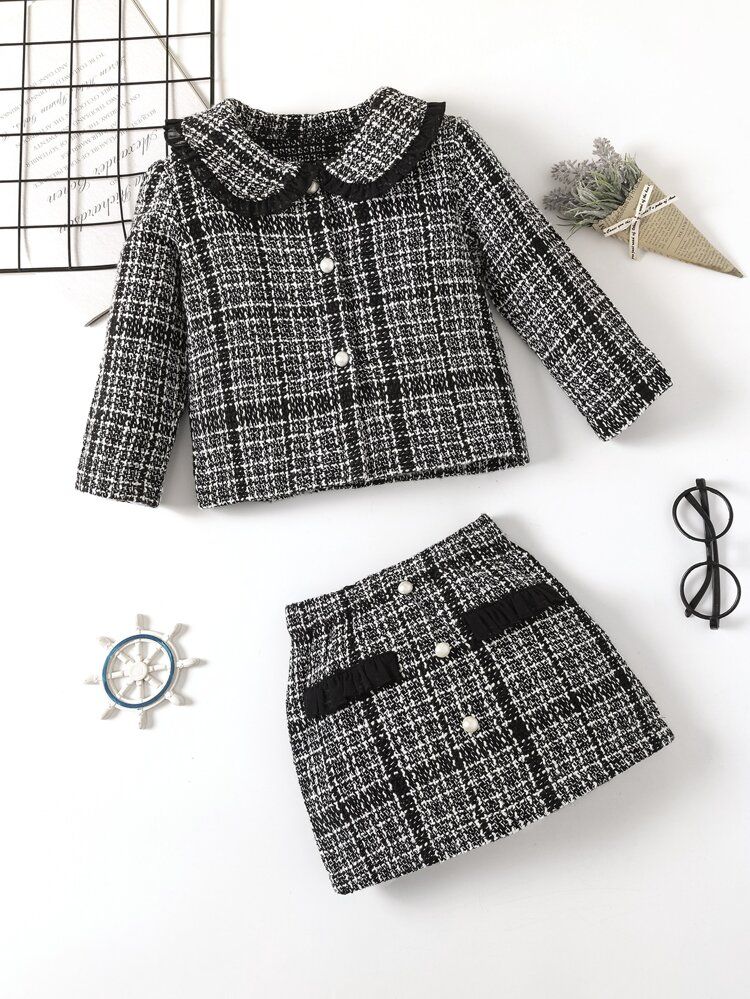 Toddler Girls Plaid Frill Trim Tweed Jacket & Skirt | SHEIN