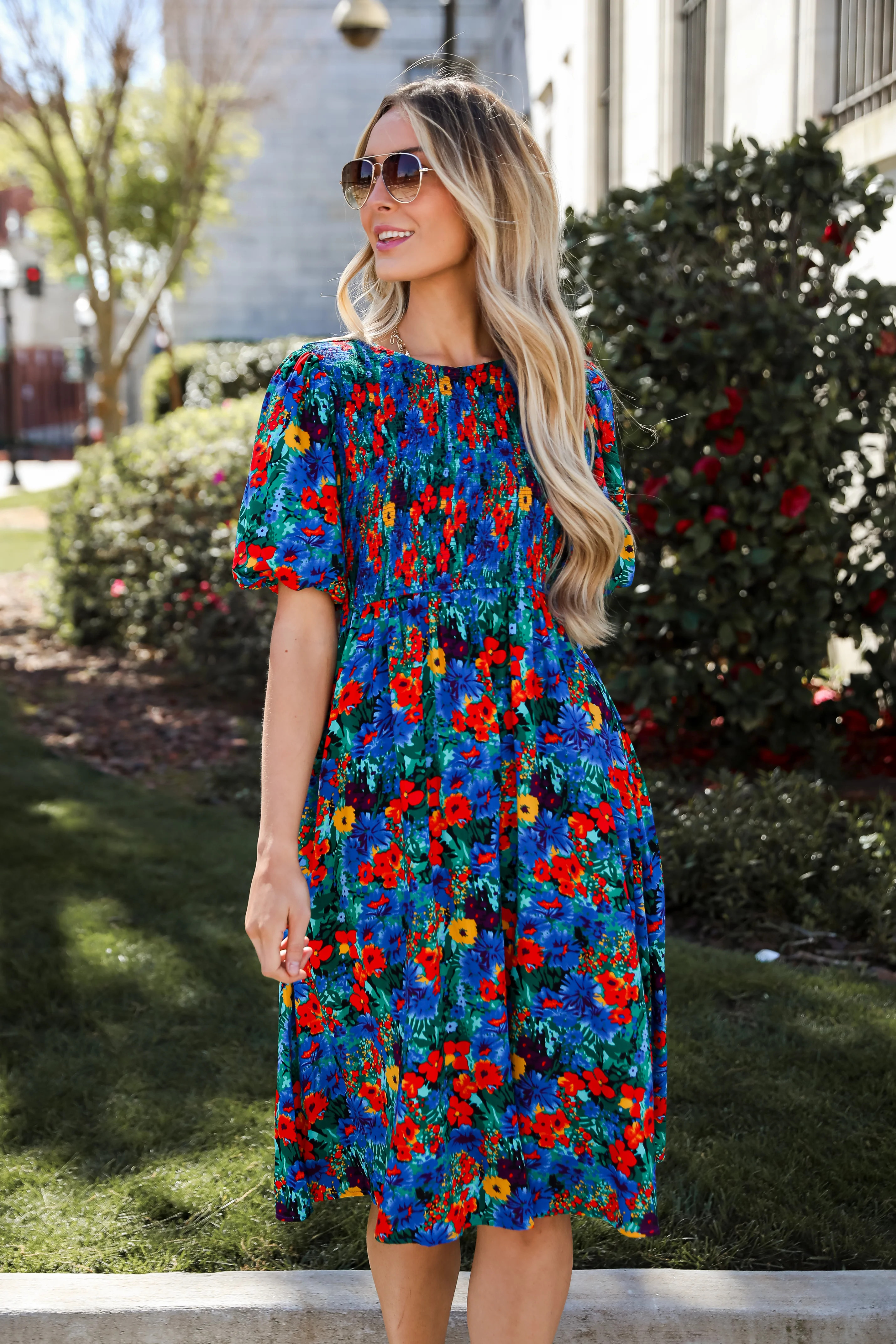 Beautiful Presence Blue Floral Midi Dress | Dress Up