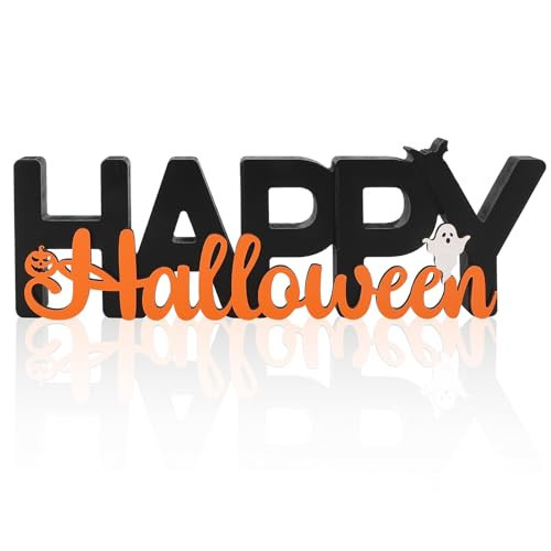COCHIE Wooden Happy Halloween Sign, Ghost Decorations for Home, Office, Shelf, Mantel, Indoor, Wood J-o-lantern Pumpkin Decor, Black Orange Spooky Table Top Party Decoration (Happy Halloween) | Amazon (US)