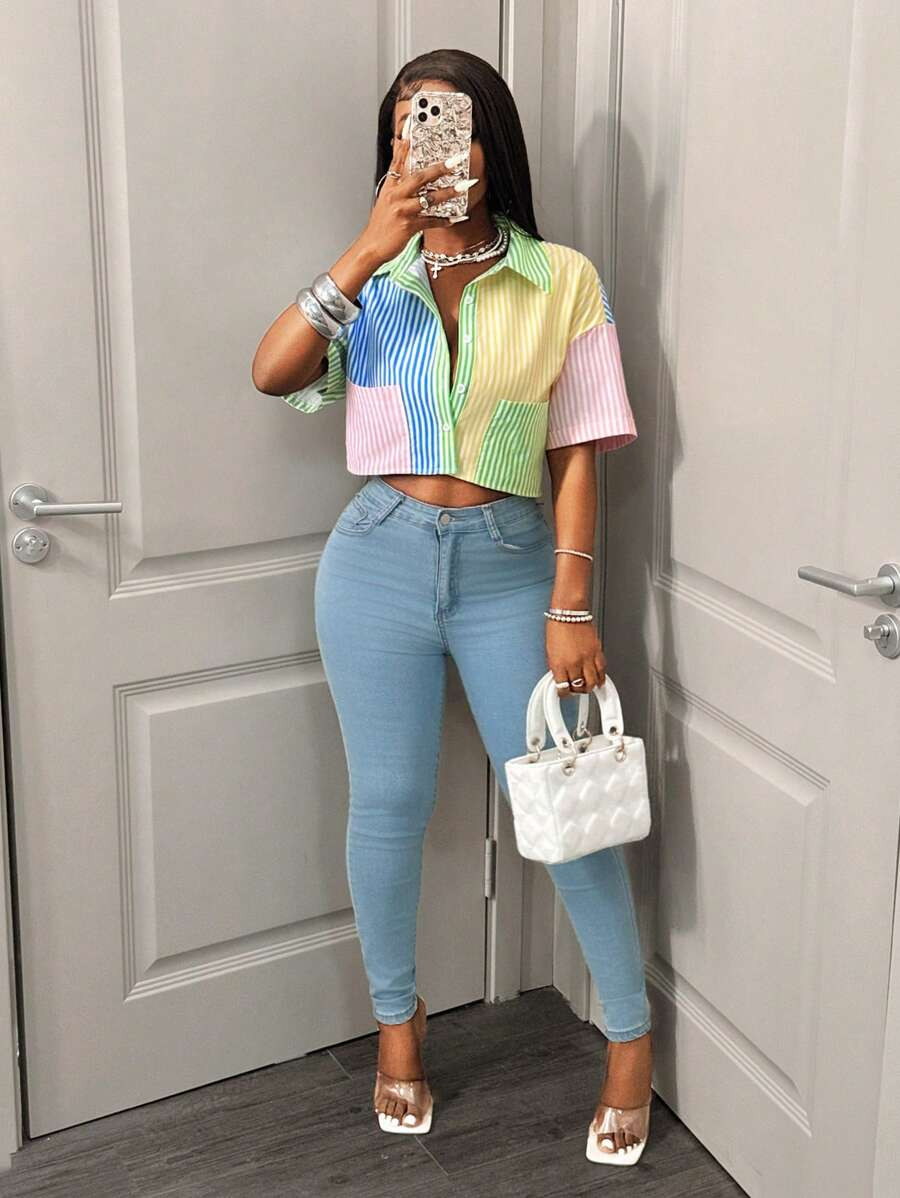 BamGleam Women's Striped Short Sleeve Single-Breasted Crop Pocket Shirt | SHEIN