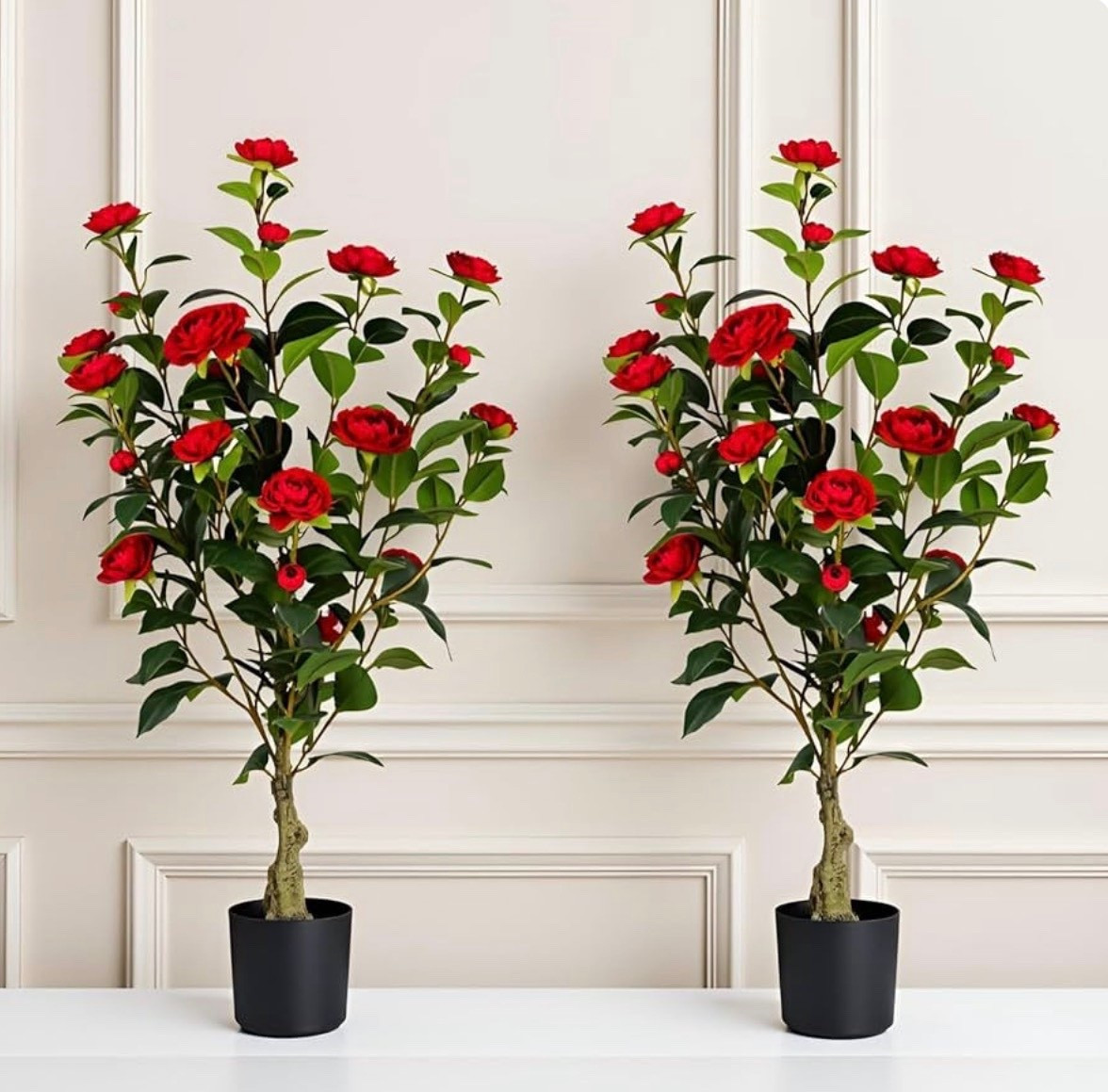 Artificial Camellia Tree 2 Pack, 3FT Faux Camellia Plant in Pot, 36 inch Fake Potted Camellia Flower Tree Plastic Camellia Tree for Modern Home Office Christmas Living Room Floor Decor Indoor, Red