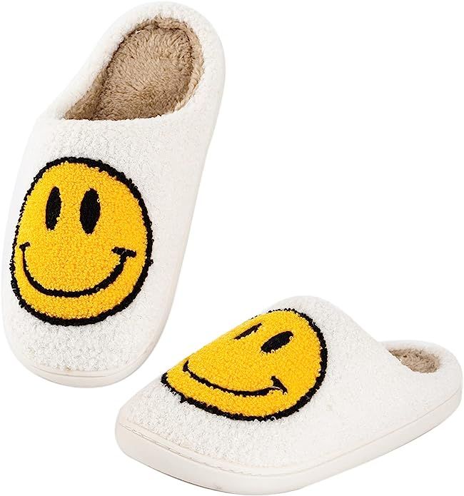 Retro Smiley Face Slippers Soft Fuzzy Plush Comfy Warm Slip-On Slippers For Women Men | Amazon (US)