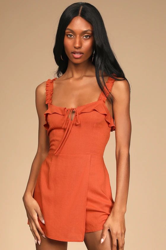 Weekend Fun Rust Orange Tie-Front Ruffled Skort Romper | Lulus (US)