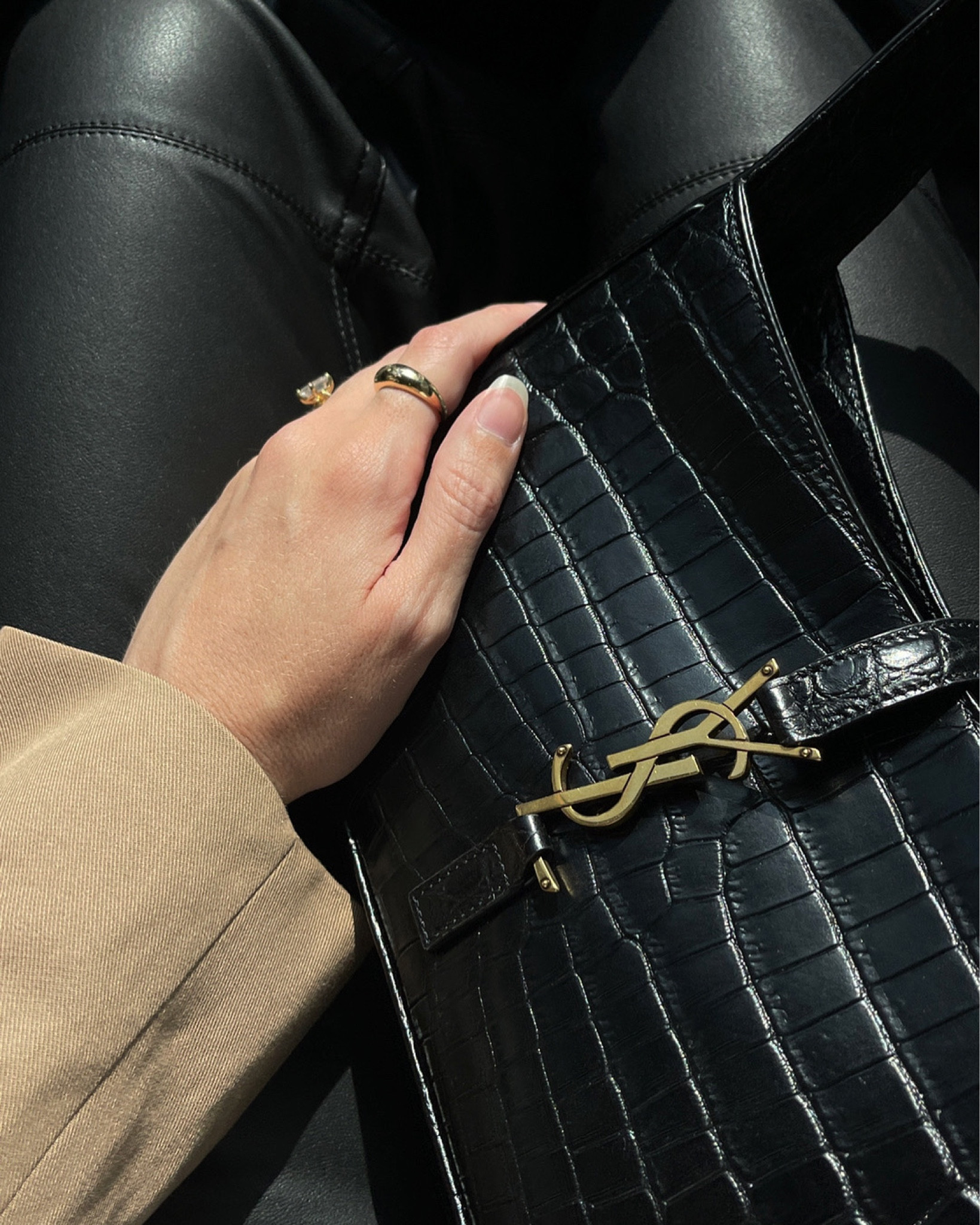 Fall outfit details 🖤🖤 YSL Le 5 á 7 Hobo Bag, vegan leather pants, beige blazer, and gold jewelry for the perfect accent  

#LTKsalealert #LTKitbag #LTKstyletip