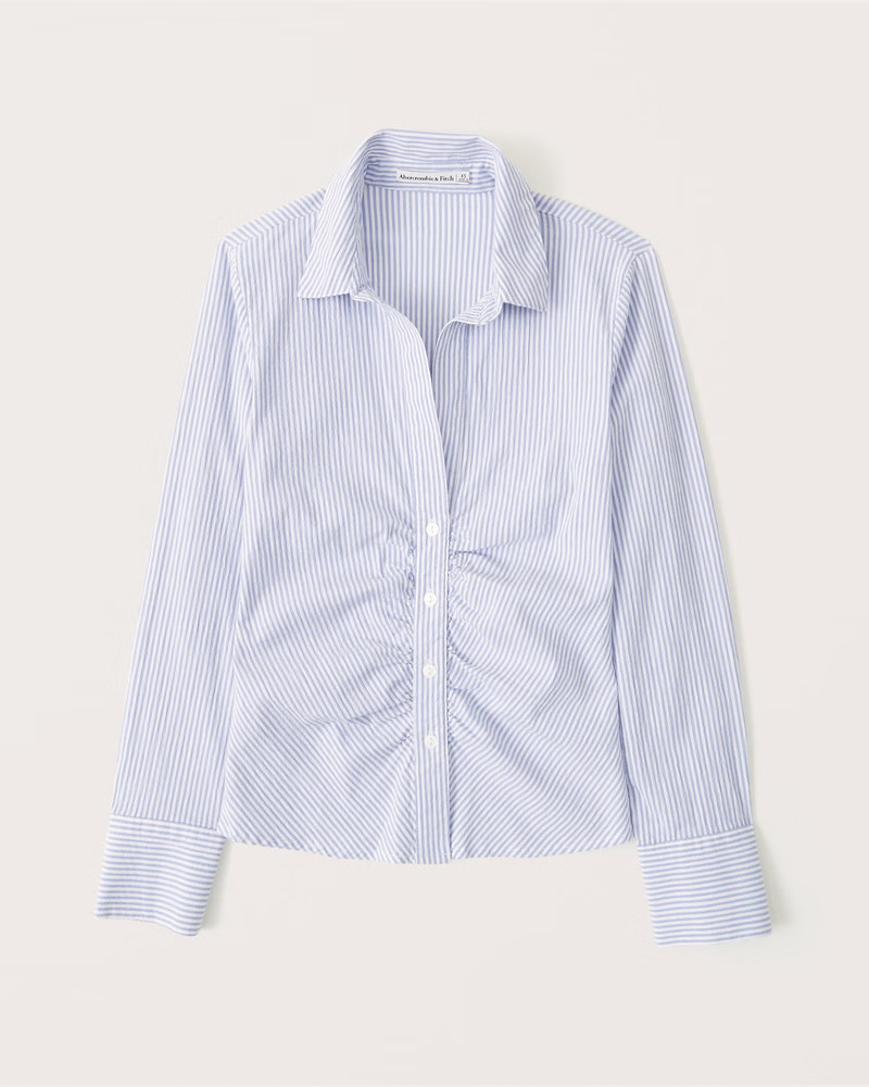 Long-Sleeve Button-Through Ruched Poplin Top | Abercrombie & Fitch (US)