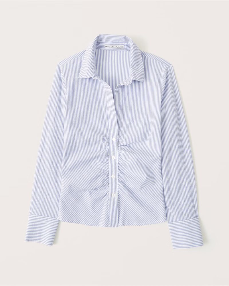 Abercrombie & Fitch Women's Long-Sleeve Button-Through Ruched Poplin Top in Light Blue Stripe - Size | Abercrombie & Fitch (US)
